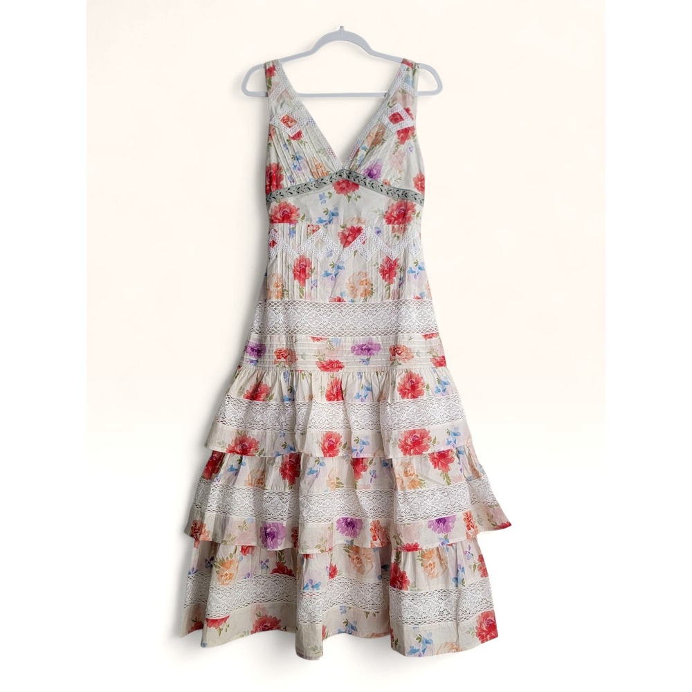 NWT Blue B. White Floral Tiered Midi Dress Open Back Sheer Lace Sleeveless Small